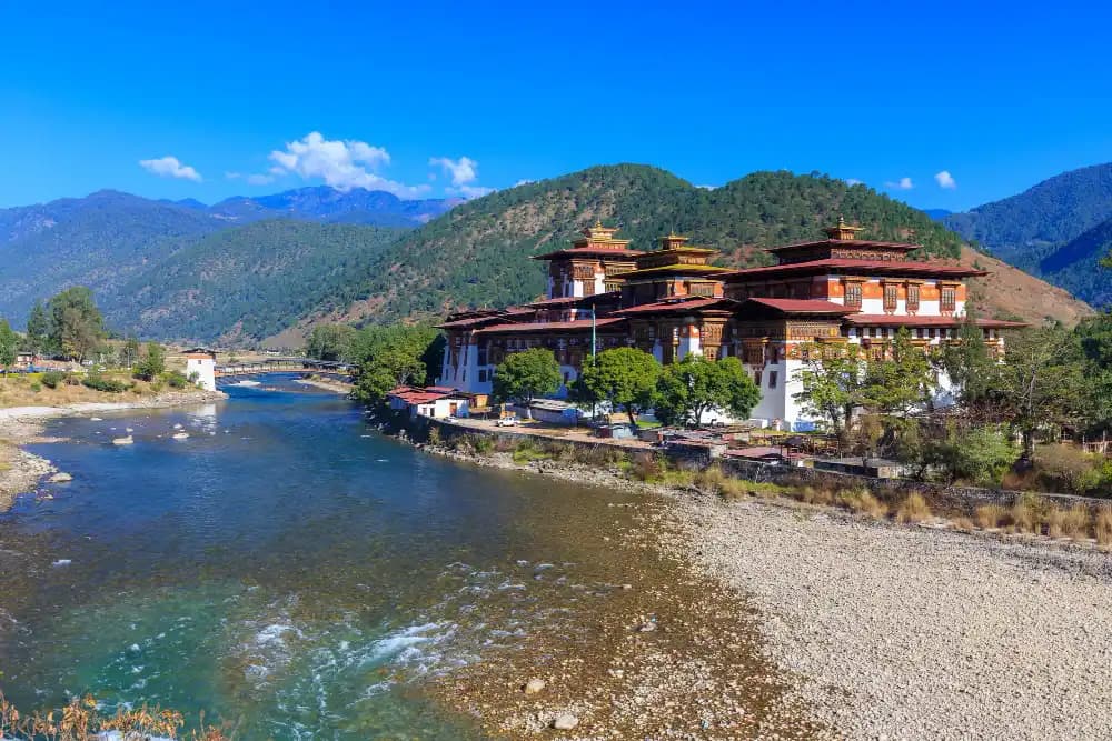 Punakha Dzong on the riverbank beside the Mo Chhu in Bhutan