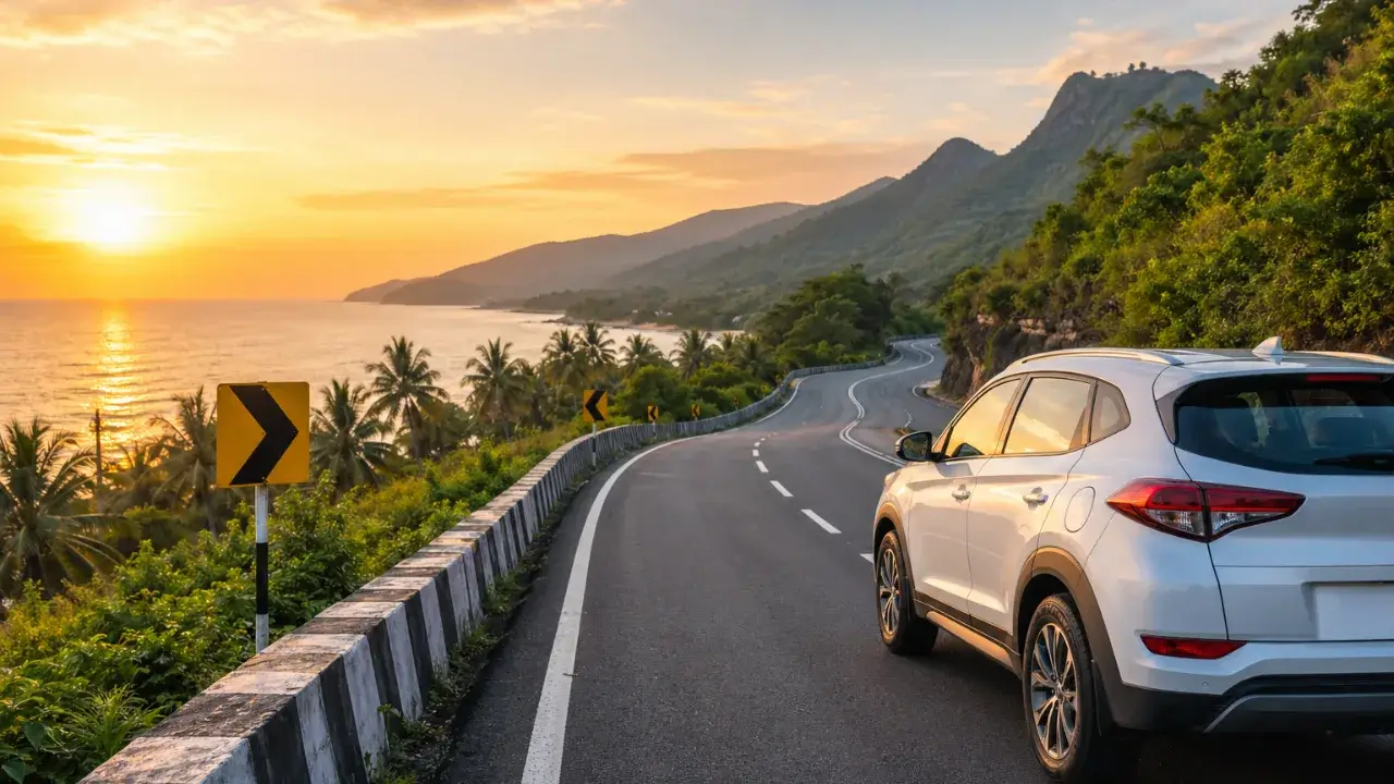 Best road trips from Chennai by car along scenic coastal highway with hills and beach view