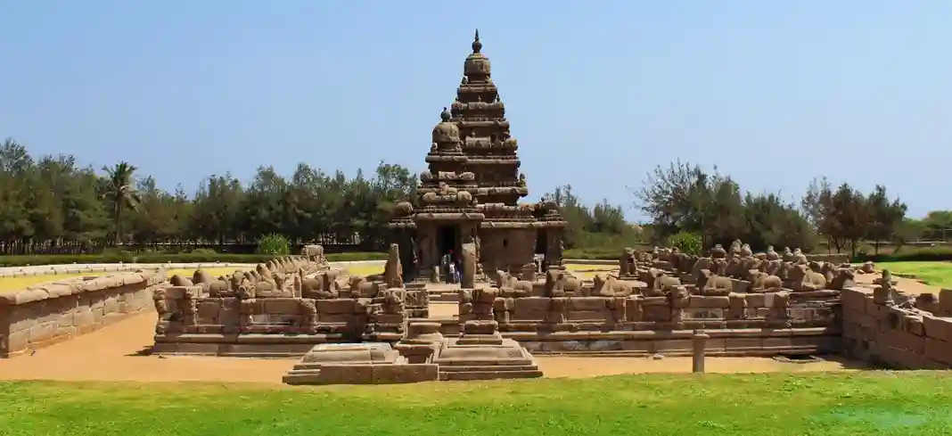 Shore Temple in Mahabalipuram near Chennai with stone architecture