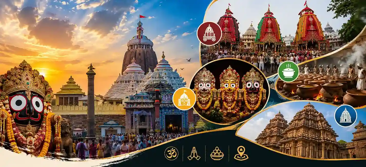 Jagannath Temple Puri travel guide banner showing Rath Yatra chariots, Lord Jagannath idols, temple architecture, and Mahaprasad traditions in Odisha.