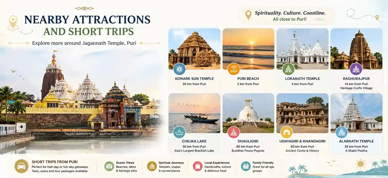 Jagannath Temple Puri travel guide banner featuring nearby attractions and short trips including Konark Sun Temple, Chilika Lake, Puri Beach, and heritage sites in Odisha.