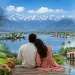 Romantic summer honeymoon destinations in India featuring a couple overlooking lakes, snow-capped mountains, tea gardens, Kerala houseboats, tropical beaches, and scenic hill stations like Ooty, Manali, Munnar, and Kashmir.
