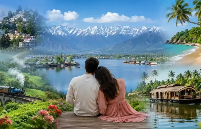 Romantic summer honeymoon destinations in India featuring a couple overlooking lakes, snow-capped mountains, tea gardens, Kerala houseboats, tropical beaches, and scenic hill stations like Ooty, Manali, Munnar, and Kashmir.