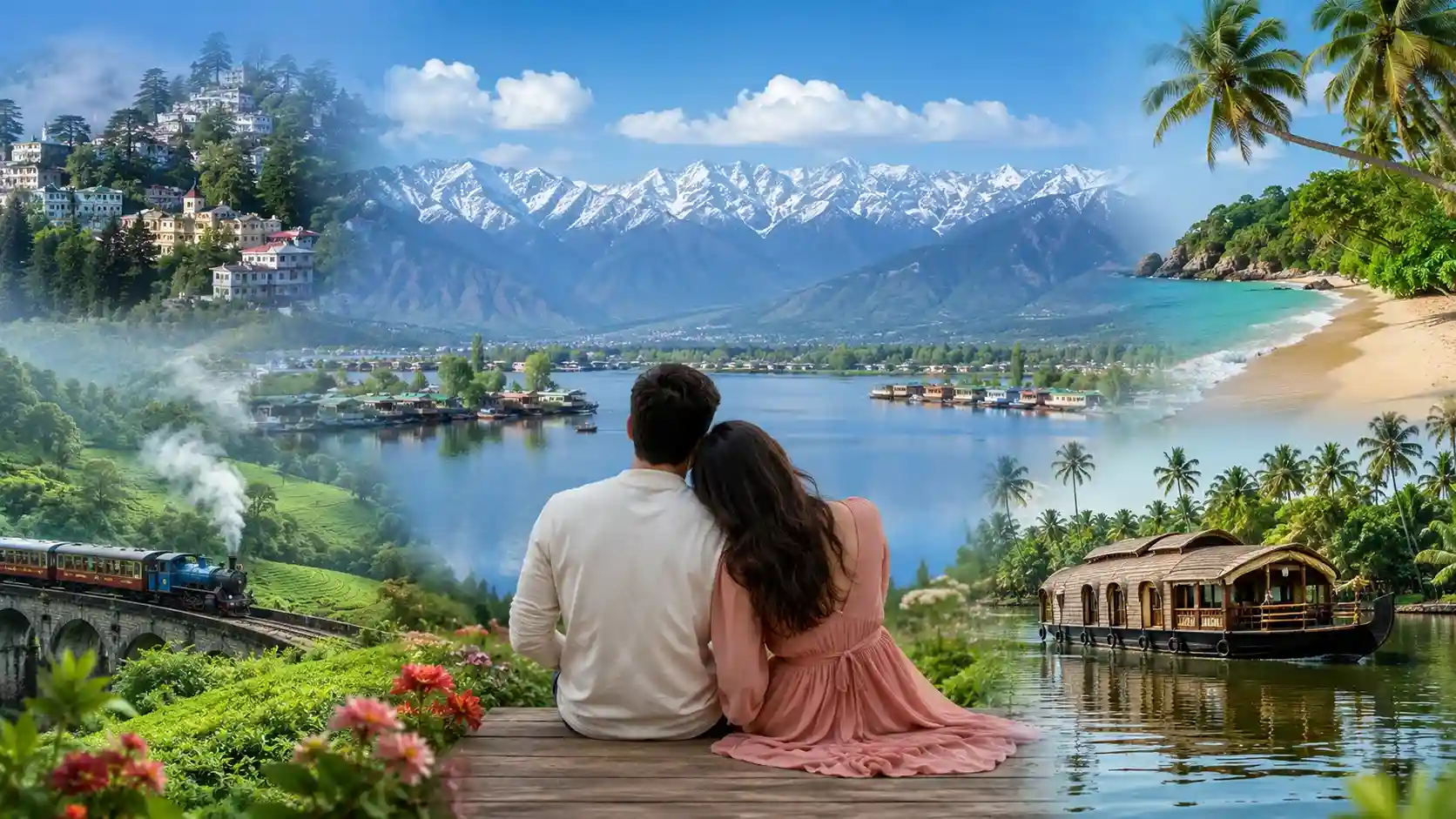 Romantic summer honeymoon destinations in India featuring a couple overlooking lakes, snow-capped mountains, tea gardens, Kerala houseboats, tropical beaches, and scenic hill stations like Ooty, Manali, Munnar, and Kashmir.