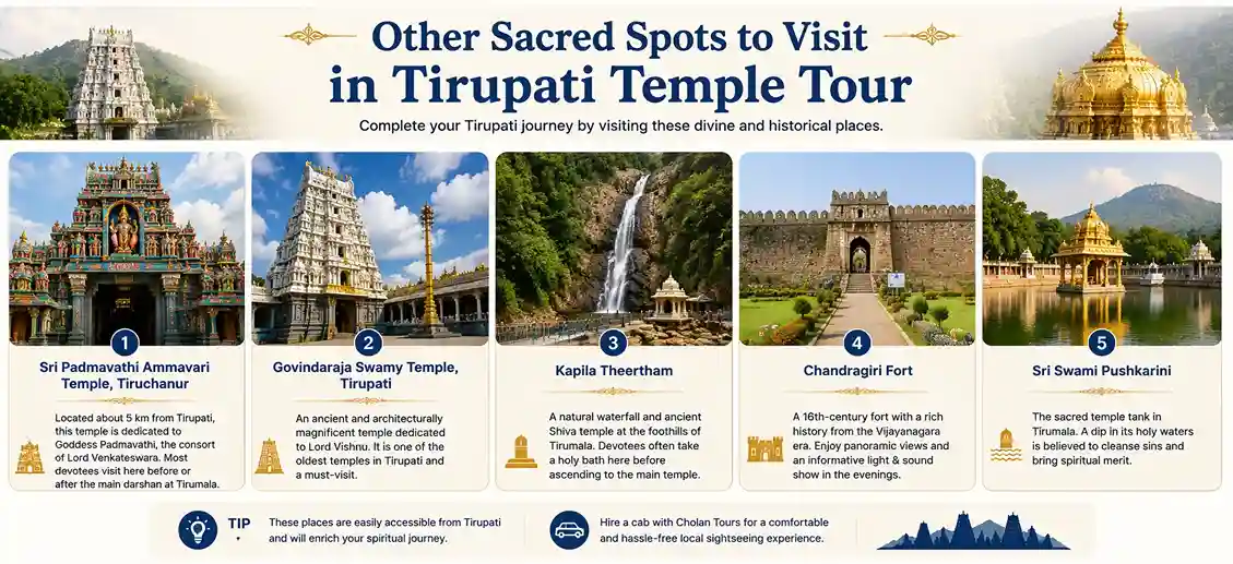 Sacred places to visit near Tirupati including Padmavathi Temple, Kapila Theertham, Chandragiri Fort, and Govindaraja Swamy Temple.