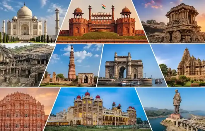 top 10 famous monuments in India including the Taj Mahal, Red Fort, Qutub Minar, Mysore Palace, Gateway of India, and Statue of Unity for heritage tourism in 2026