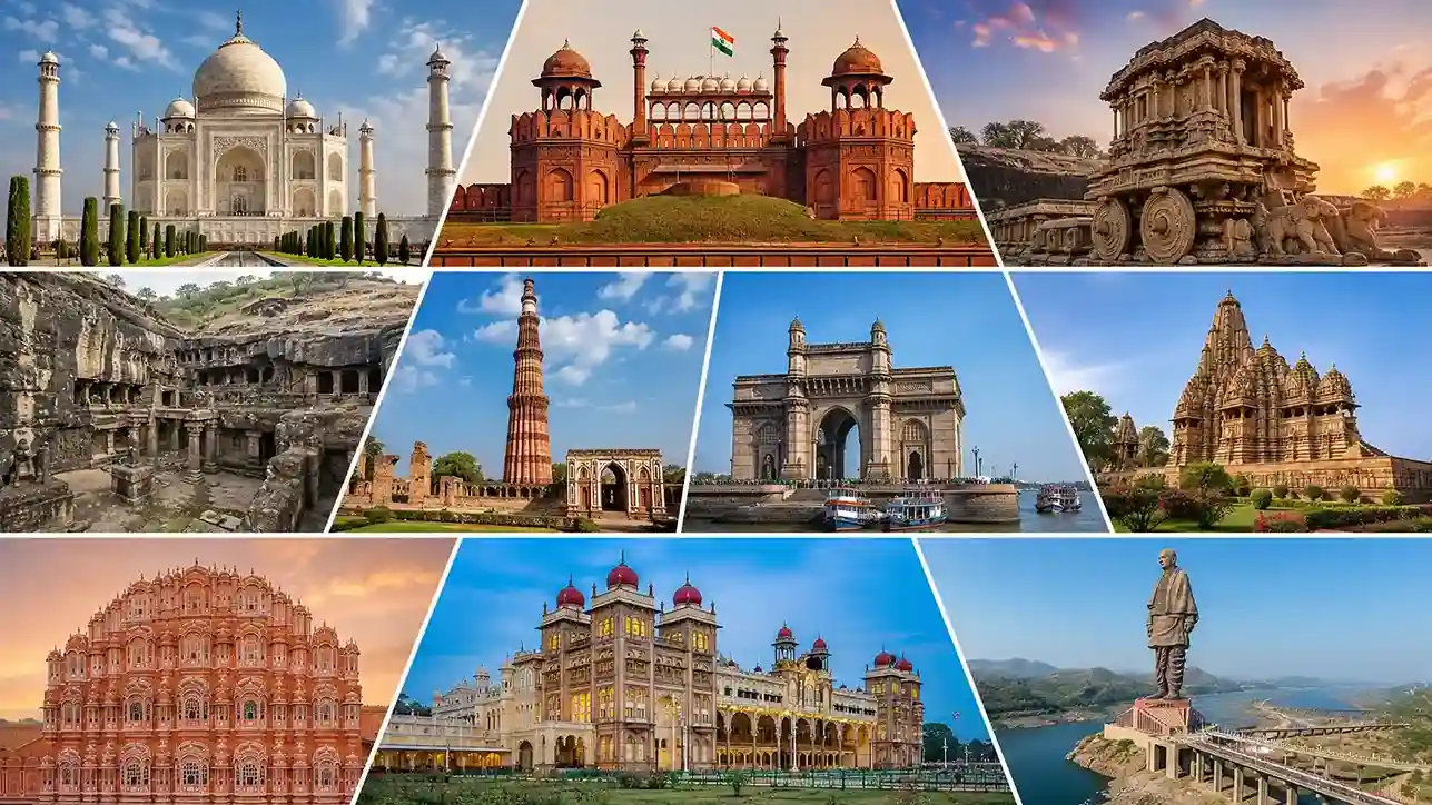 top 10 famous monuments in India including the Taj Mahal, Red Fort, Qutub Minar, Mysore Palace, Gateway of India, and Statue of Unity for heritage tourism in 2026