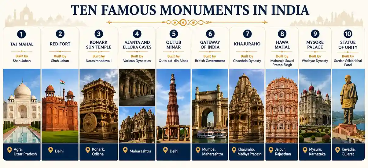 Infographic of the top 10 famous monuments in India with monument names, built by information, and locations including Taj Mahal, Red Fort, Qutub Minar, Gateway of India, Hawa Mahal, Mysore Palace, and Statue of Unity.