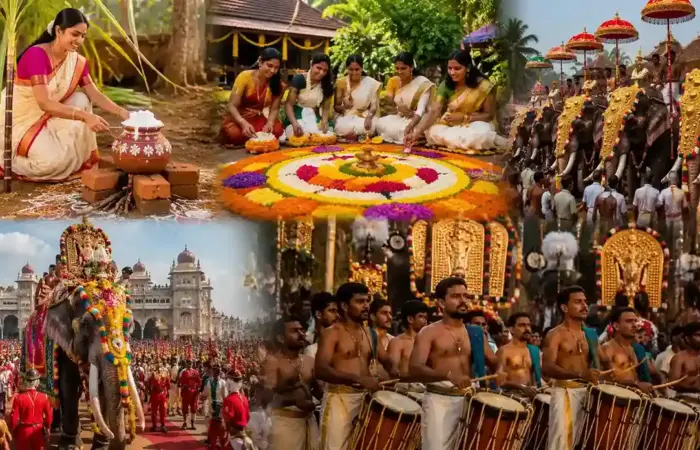Traditional festivals in South India including Pongal, Onam, Mysuru Dasara, and Thrissur Pooram celebrations