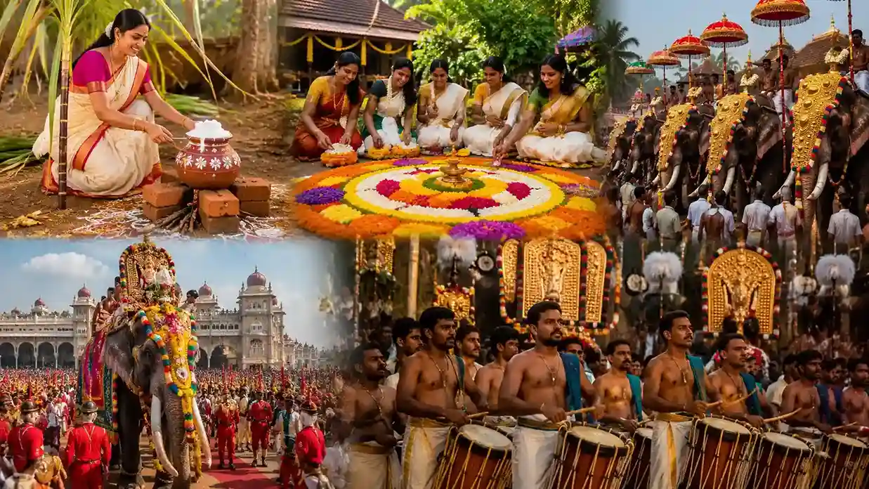 Traditional festivals in South India including Pongal, Onam, Mysuru Dasara, and Thrissur Pooram celebrations