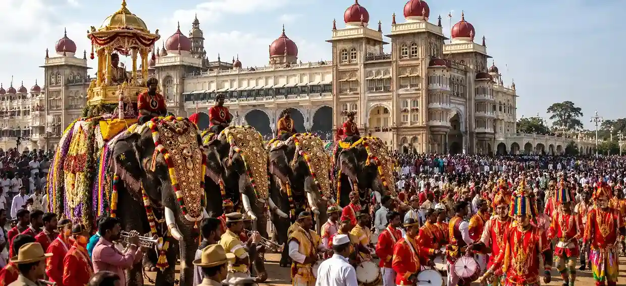 Mysuru Dasara festival procession with decorated elephants and Mysore Palace in Karnataka