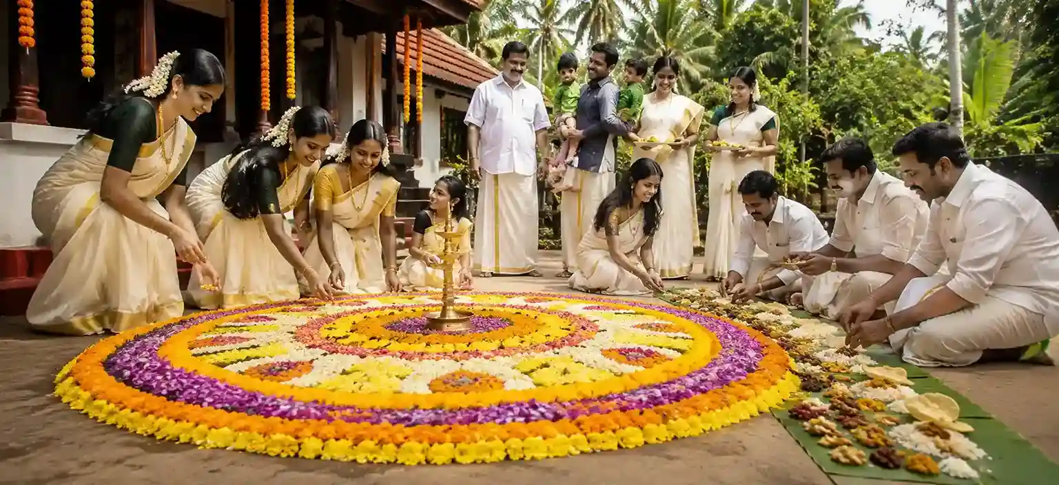 Traditional Onam festival celebration in Kerala with floral pookalam and families in Kasavu attire