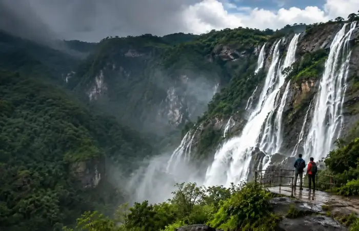 waterfall surrounded by lush green hills and misty forest in India