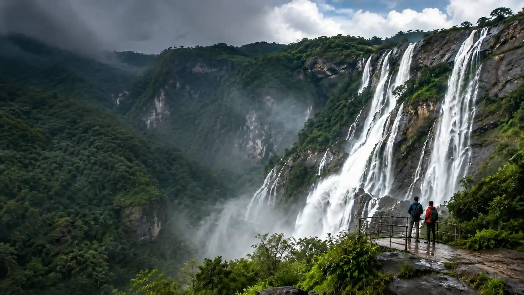 waterfall surrounded by lush green hills and misty forest in India