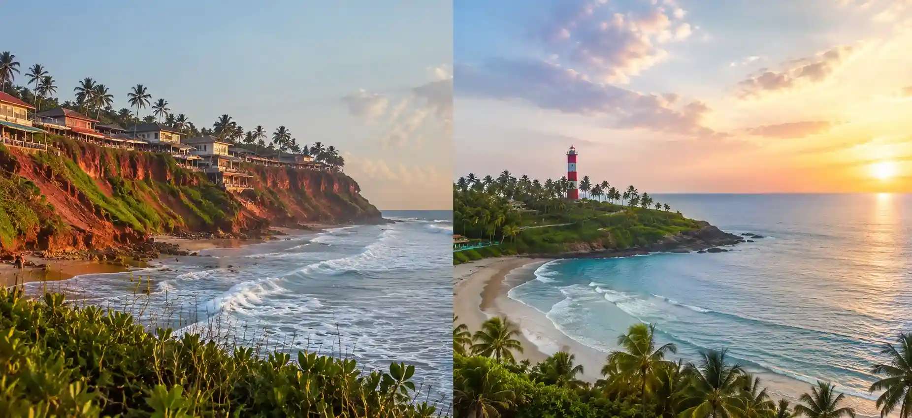 Kerala Tour: Tropical coastal sunset and cliffs in Varkala and Kovalam