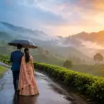 Best honeymoon destinations in India in September with a romantic couple in misty tea gardens.