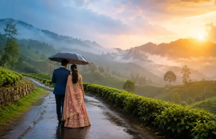 Best honeymoon destinations in India in September with a romantic couple in misty tea gardens.