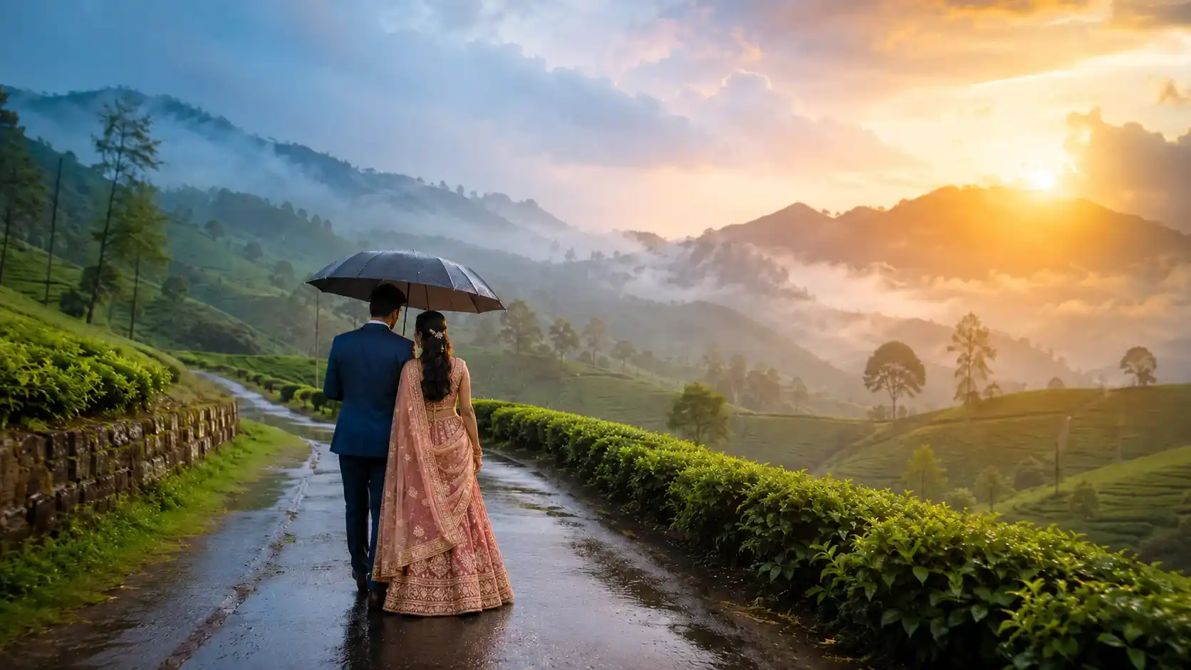 Best honeymoon destinations in India in September with a romantic couple in misty tea gardens.