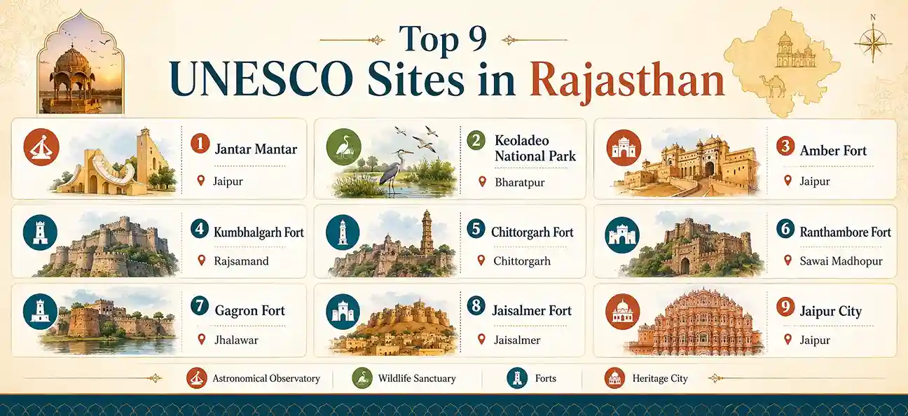 Top 9 UNESCO sites in Rajasthan including Jantar Mantar, Keoladeo National Park, Amber Fort and Jaipur City