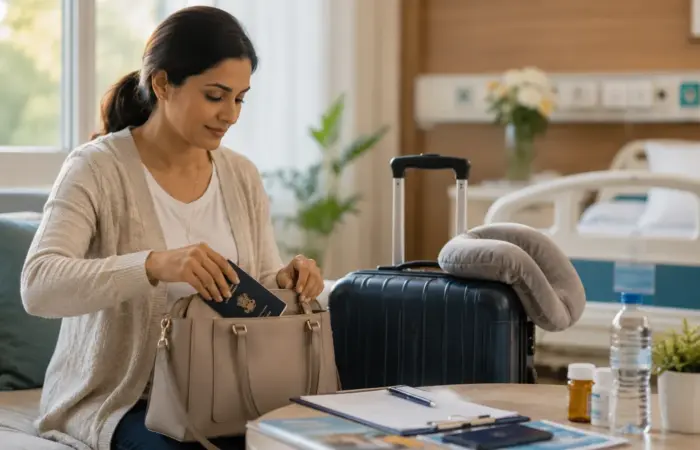 Health tourism in India preparation with passport, medical documents and travel essentials.
