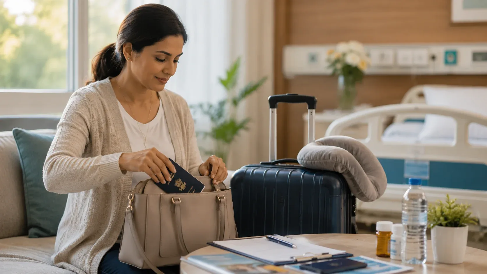 Health tourism in India preparation with passport, medical documents and travel essentials.